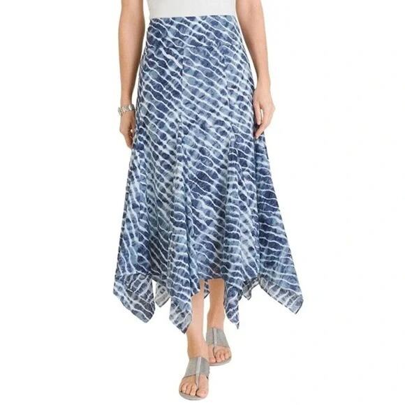 Chicos Womens Skirt Size 2 Large Tie Dye Midi Handkerchief Blue White Travel - Picture 1 of 6